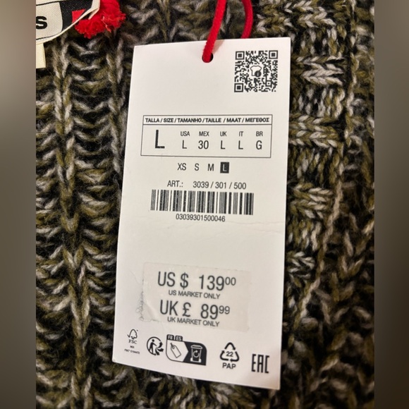 Zara SRPLS V-Neck 100% Wool Sweater in Black, Brown and Green. Size L. NWT - Picture 7 of 10